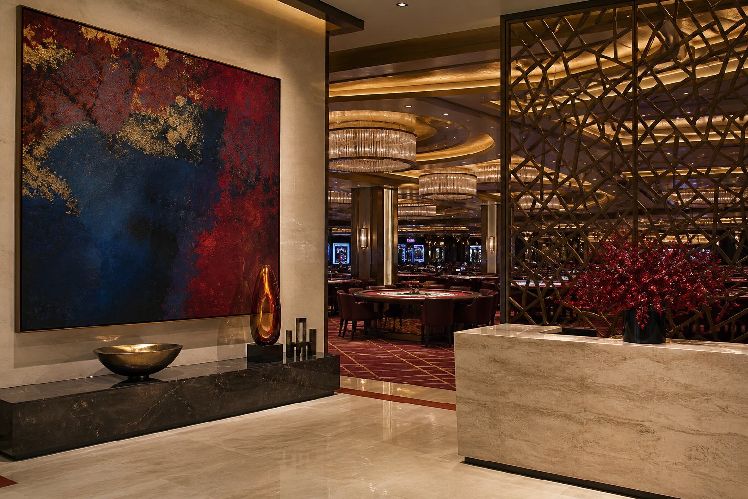 Casino arrival interior with commissioned artwork and gaming floor beyond