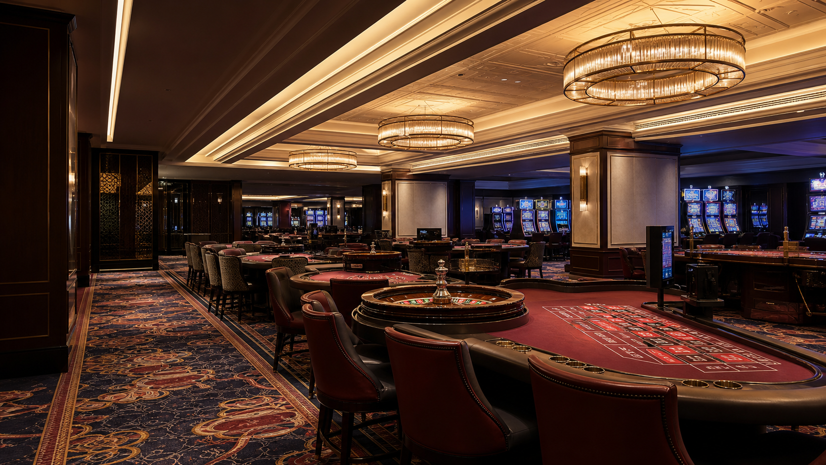 Casino gaming floor showing tables, player seating, lighting and carpet