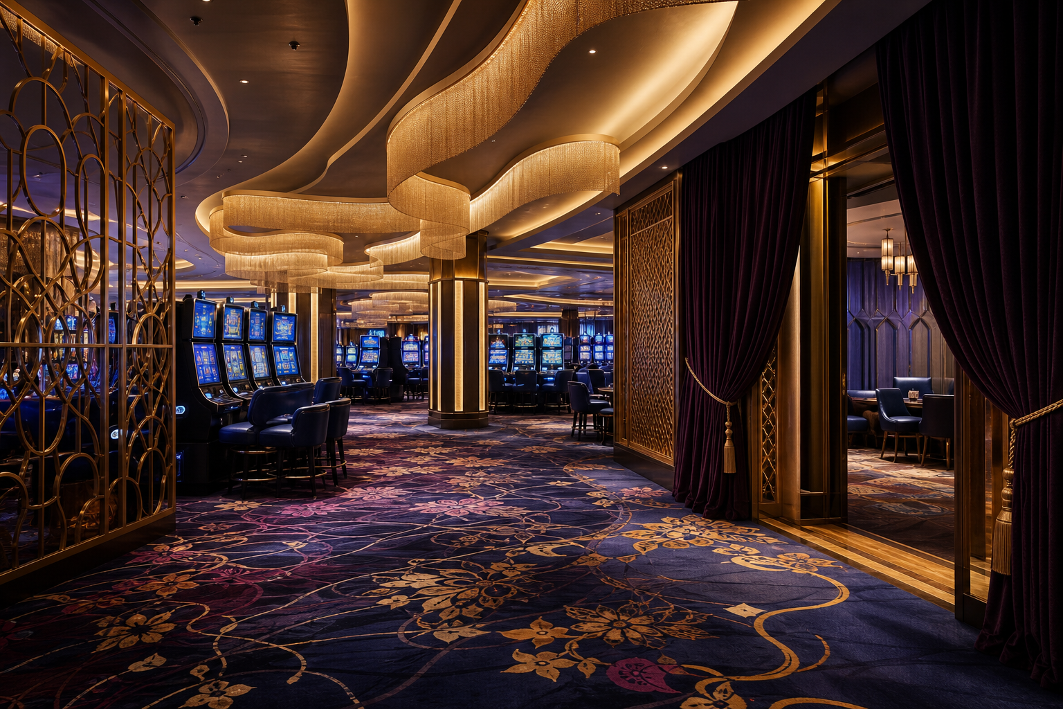 Casino slot floor with sculptural ceiling lighting