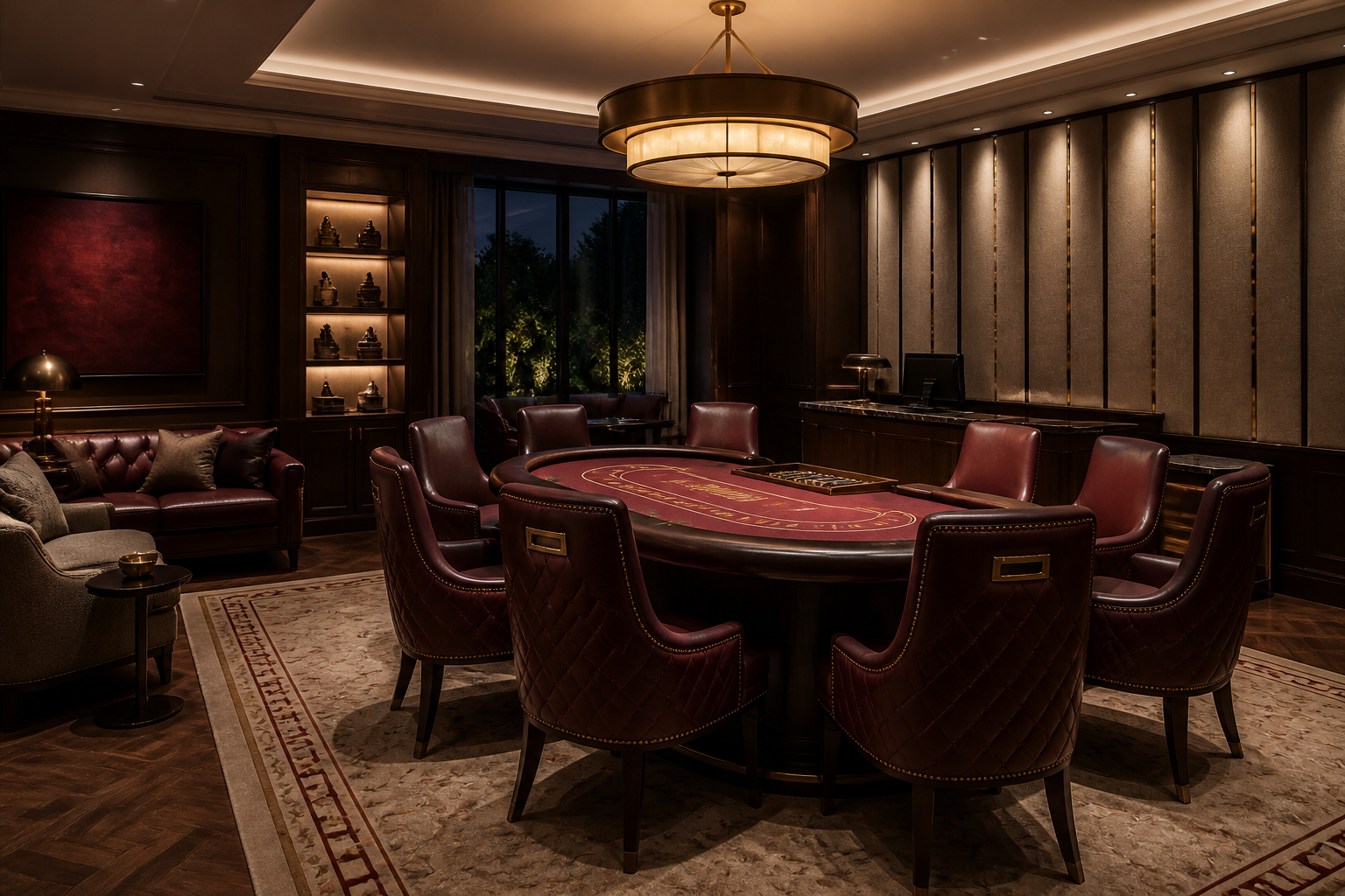 Coordinated furniture and lighting inside a private casino room