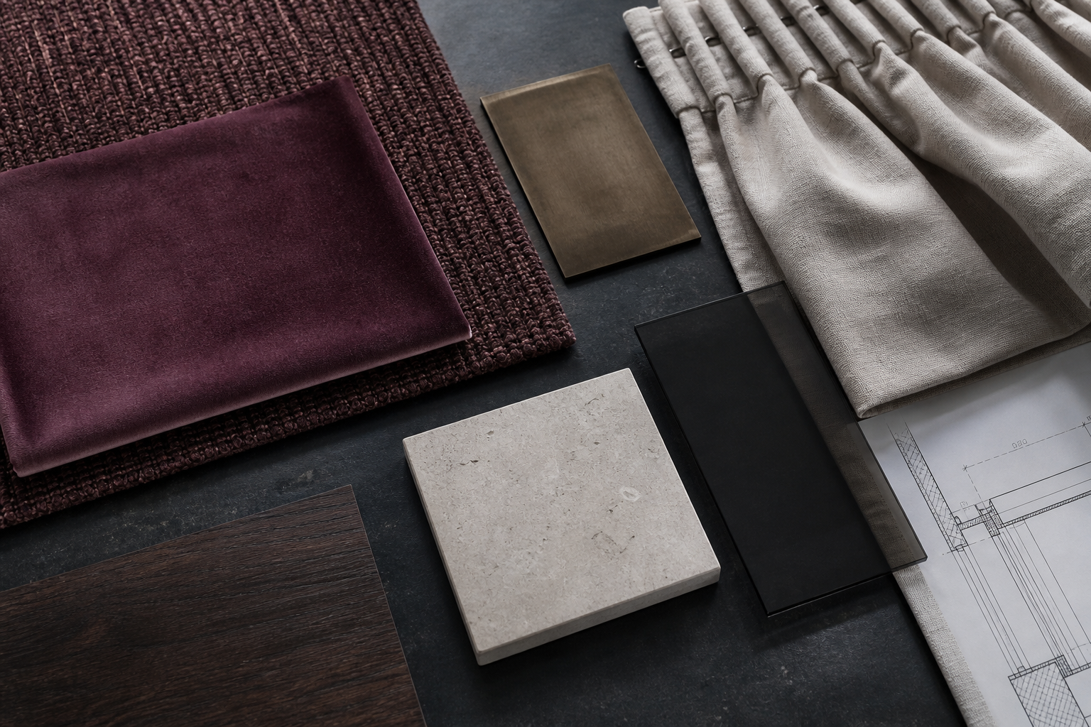 Casino interior material samples and technical drawing
